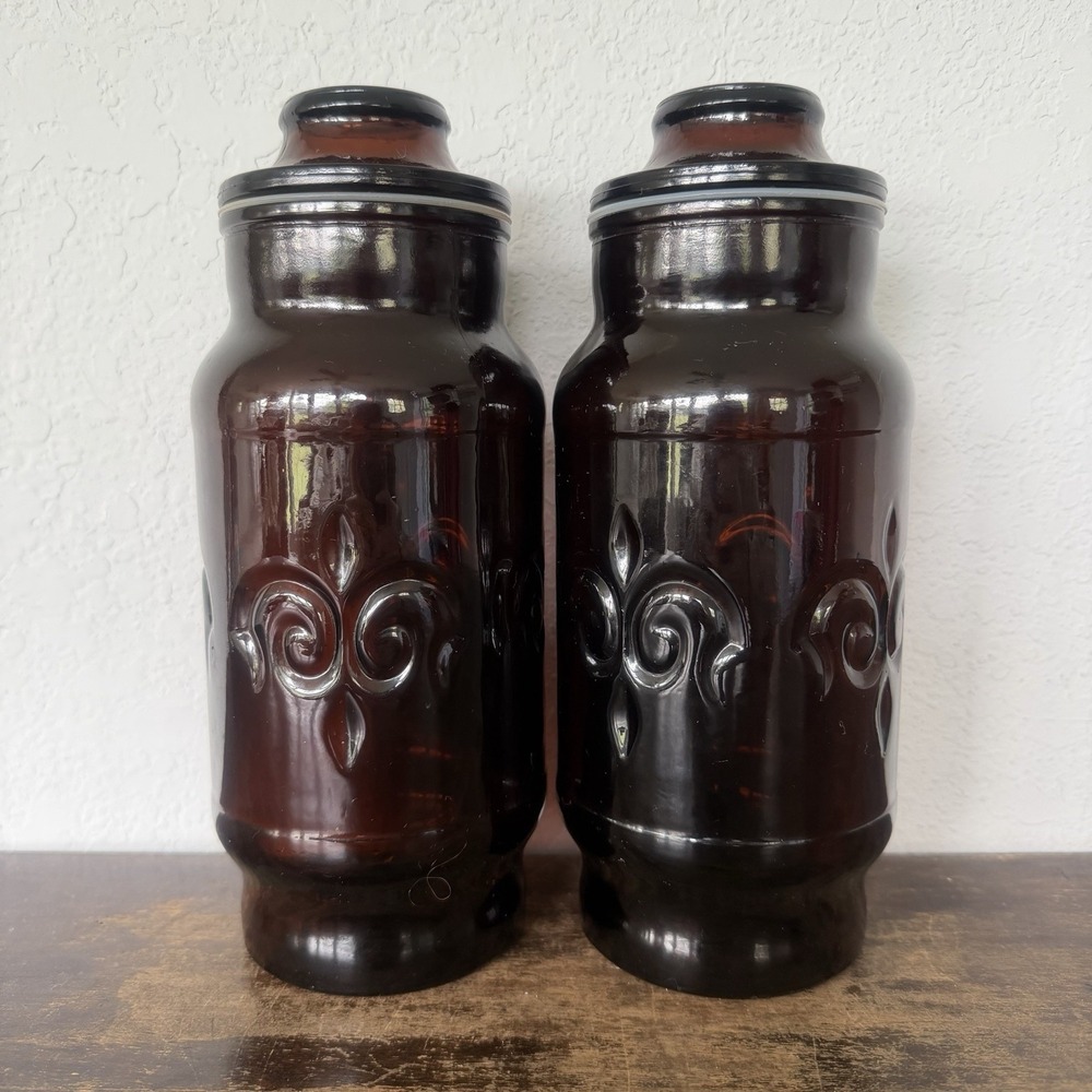 2 Vintage 1970's Borden Cremora Amber Glass Canister Apothecary Jar Fleur De Lis